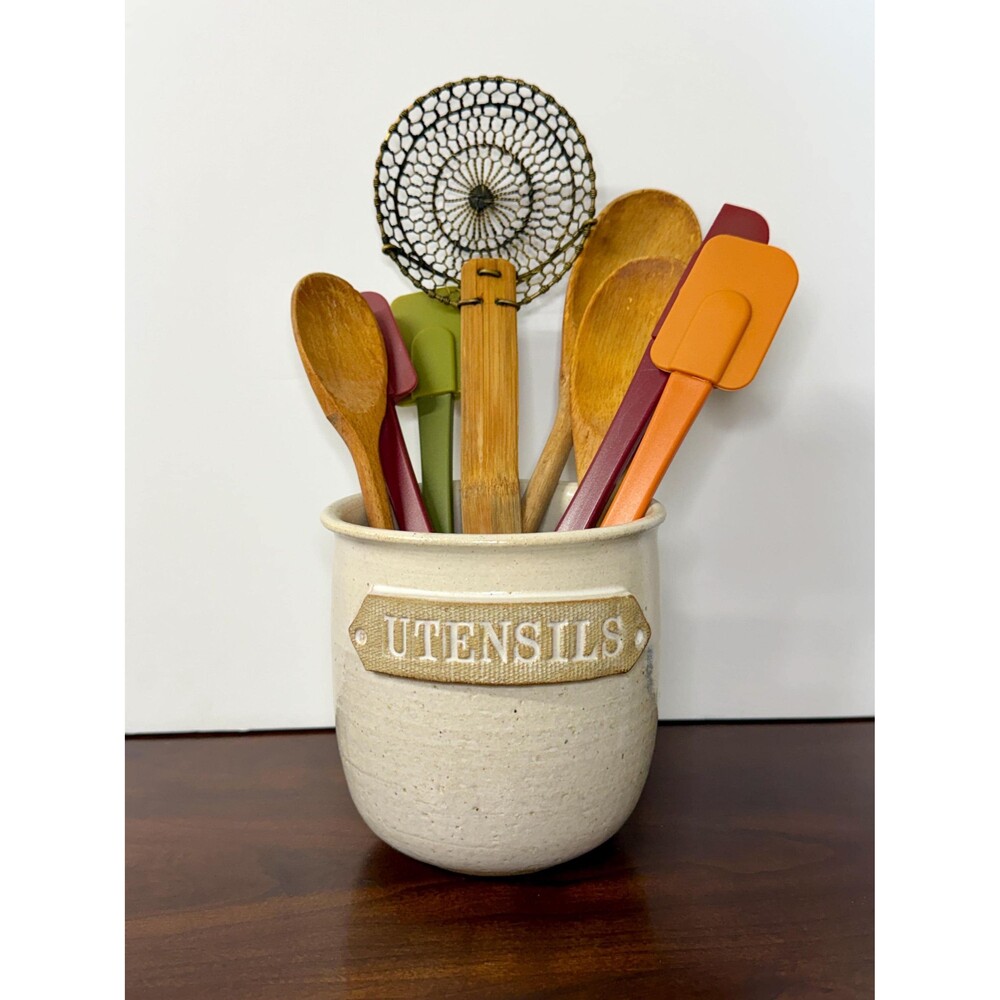 Vintage 1985 Studio Pottery Utensil Crock Signed Stoneware Kitchen Holder
